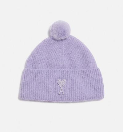 Ami Paris Ami De Coeur with Pom Pom Beanies Purple | ami-NZ250