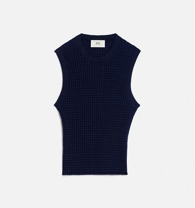 Ami Paris Pleated Sleeveless Women's Sweaters Navy | ami-NZ234