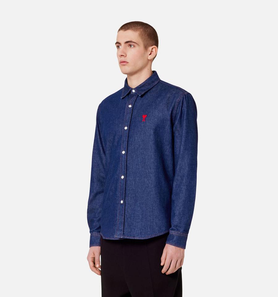 Ami Paris Ami De Coeur Denim Men's Shirts Navy | ami-NZ149