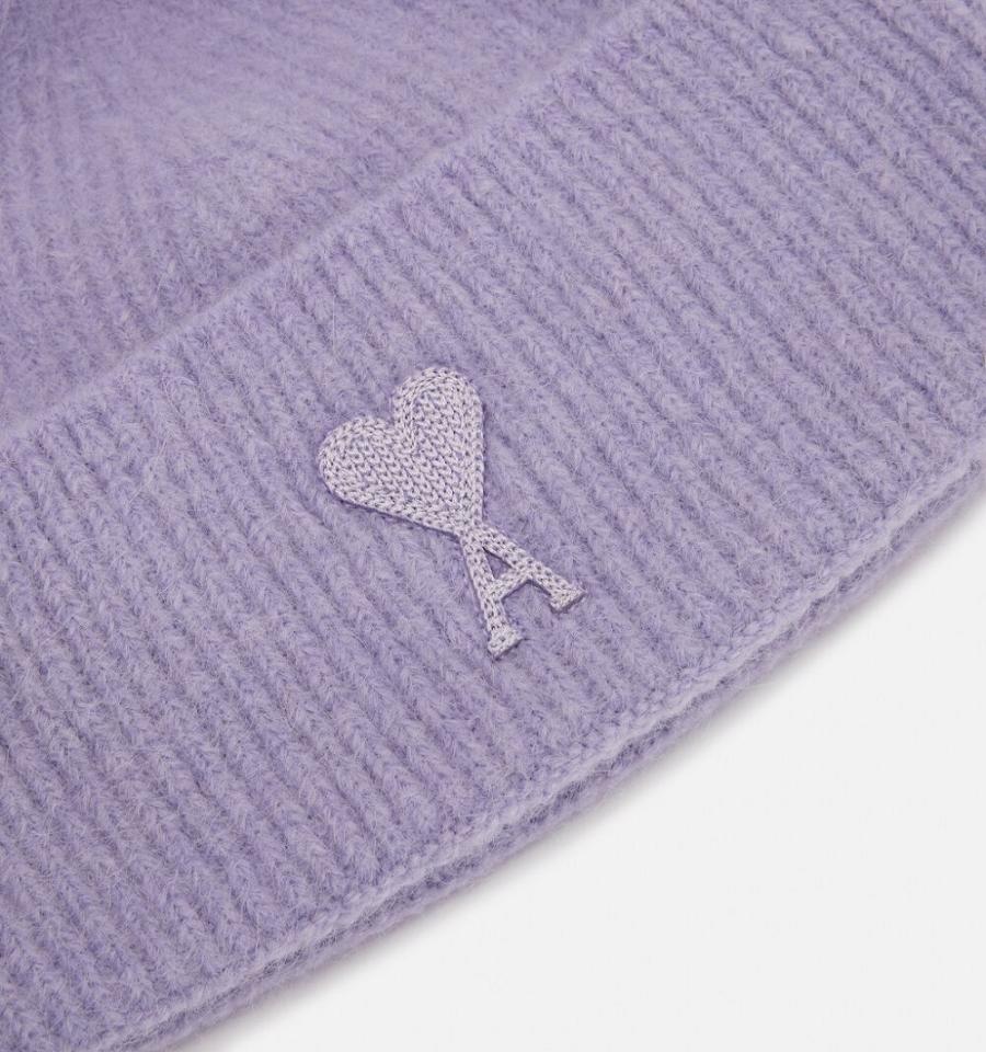 Ami Paris Ami De Coeur with Pom Pom Beanies Purple | ami-NZ250