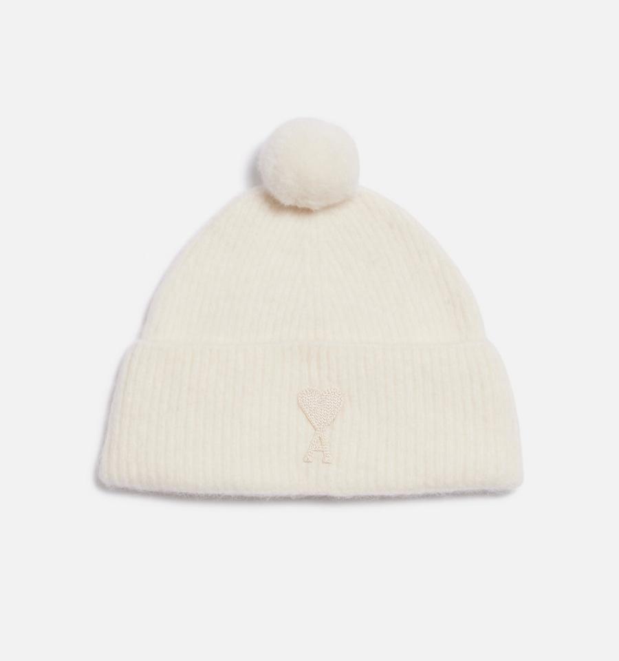 Ami Paris Ami De Coeur with Pom Pom Beanies Beige | ami-NZ429