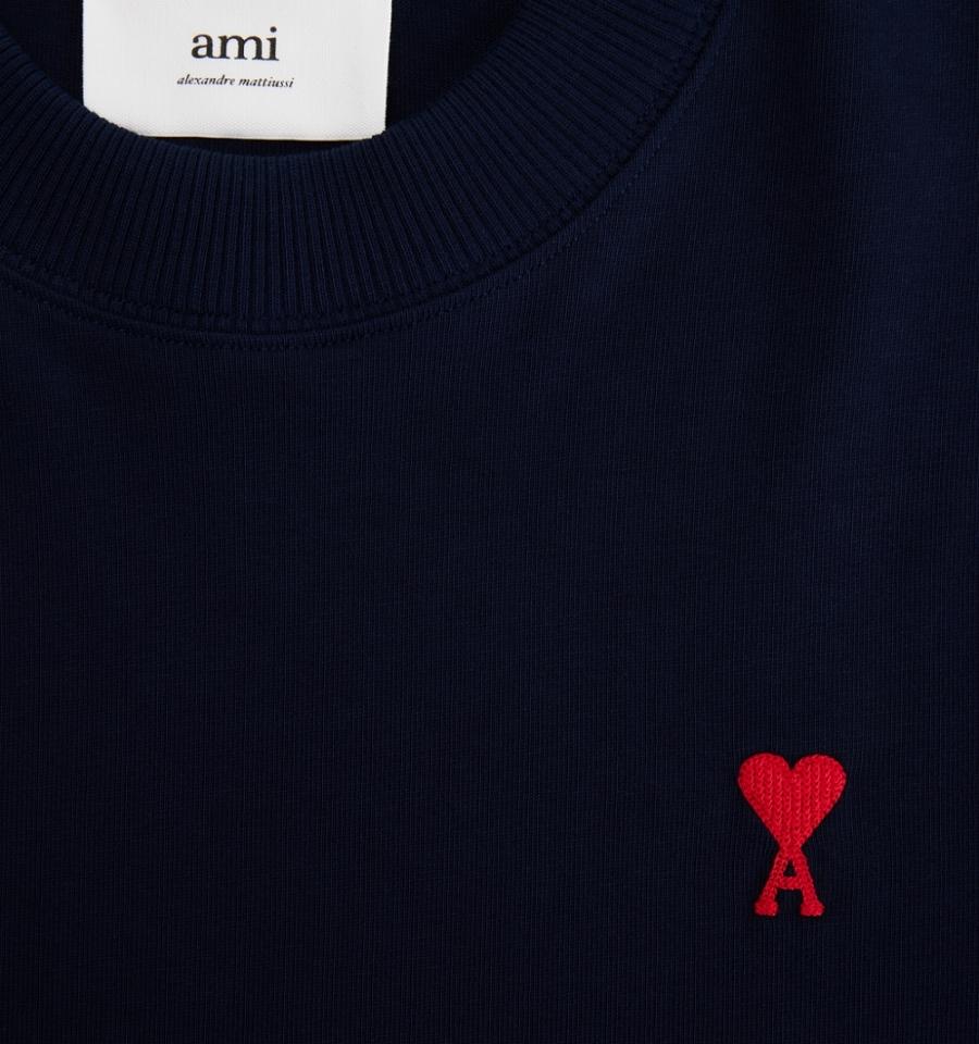 Ami Paris Ami de Coeur Long Sleeves Men's T Shirts Navy | ami-NZ261