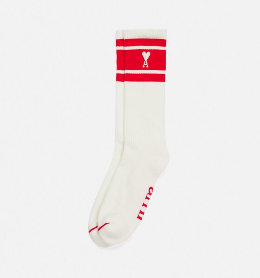 Ami Paris Ami de Coeur Striped Socks White / Red | ami-NZ470