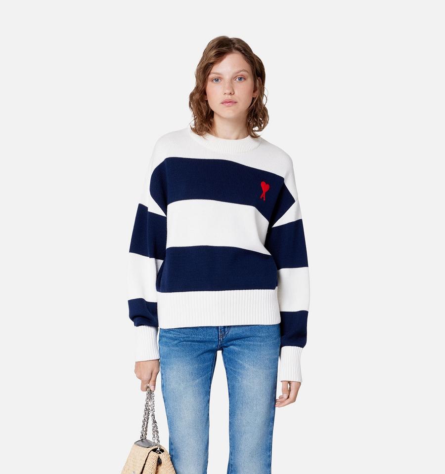 Ami Paris Ami de Coeur With Rugby Stripes Women's Sweaters Navy / White | ami-NZ546