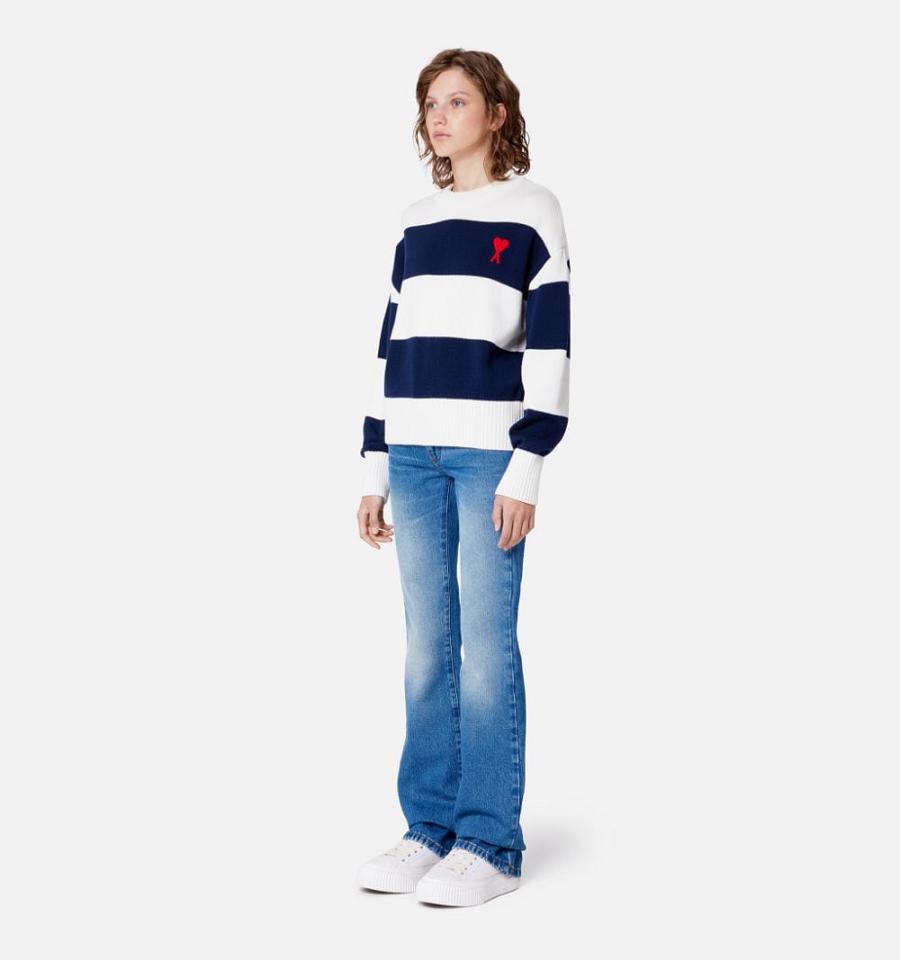 Ami Paris Ami de Coeur With Rugby Stripes Women's Sweaters Navy / White | ami-NZ546