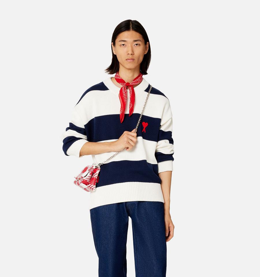 Ami Paris Ami de Coeur With Rugby Stripes Men's Sweaters White / Navy | ami-NZ604