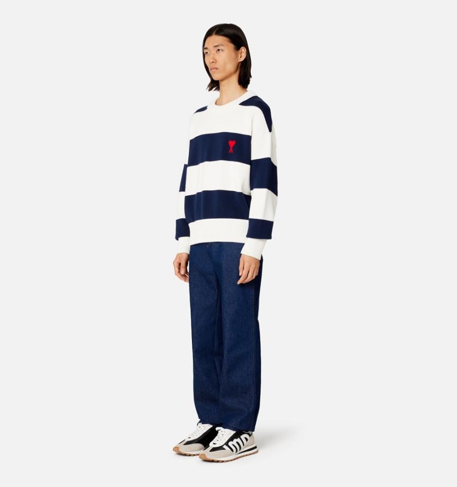 Ami Paris Ami de Coeur With Rugby Stripes Men's Sweaters White / Navy | ami-NZ604