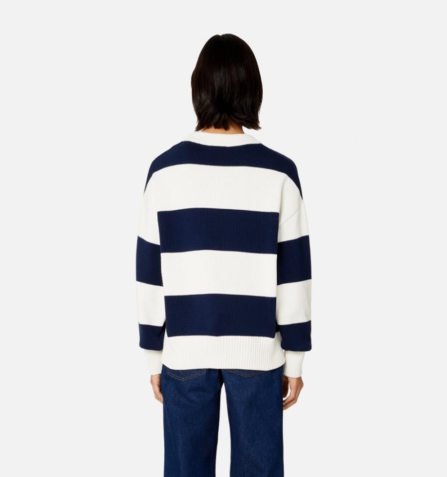 Ami Paris Ami de Coeur With Rugby Stripes Men's Sweaters White / Navy | ami-NZ604