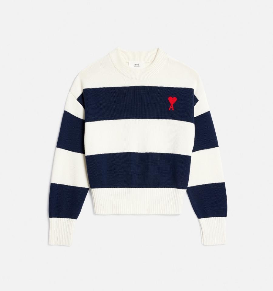 Ami Paris Ami de Coeur With Rugby Stripes Men\'s Sweaters White / Navy | ami-NZ604