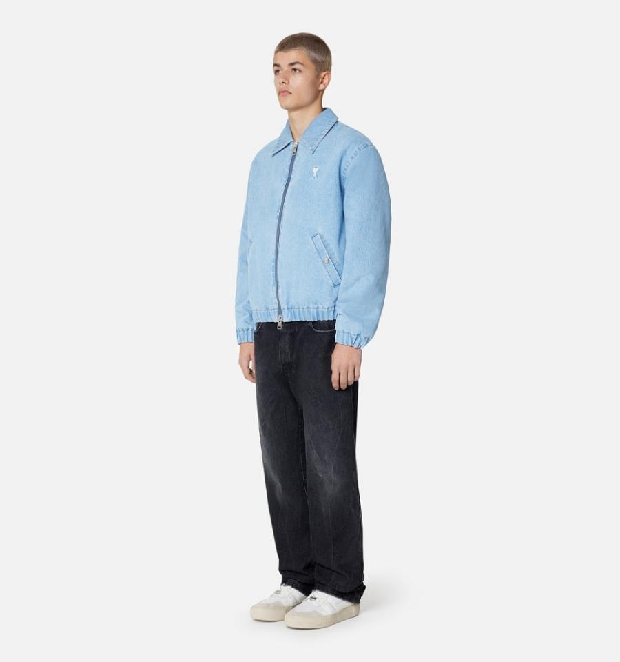 Ami Paris Ami de Cœur Zipped Denim Men's Jackets Blue | ami-NZ496