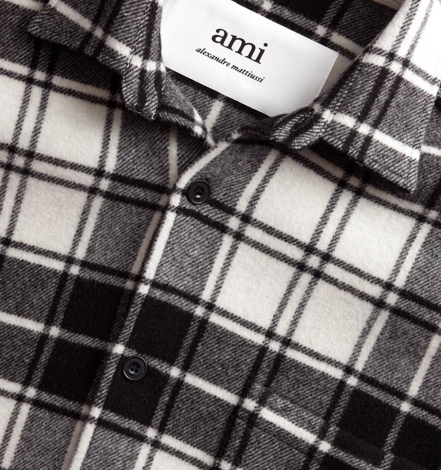 Ami Paris Checked Overshirt With Print Men's Jackets Black / White | ami-NZ481