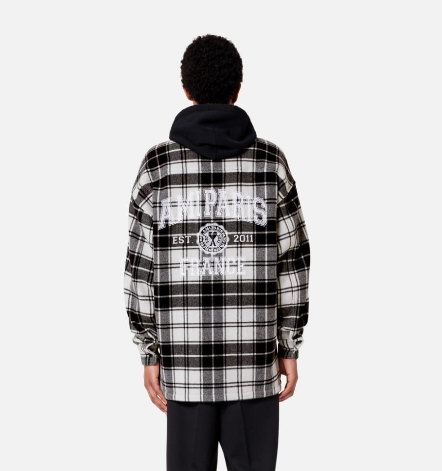 Ami Paris Checked Overshirt With Print Men's Jackets Black / White | ami-NZ481