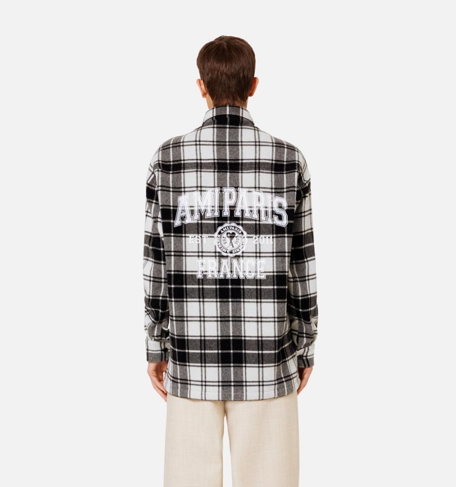 Ami Paris Checked Overshirt With Print Women's Jackets Grey | ami-NZ583