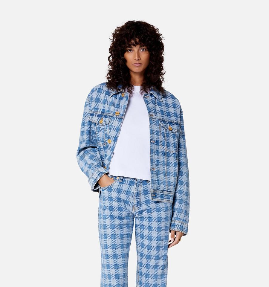 Ami Paris Gingham Boxy Fit Denim Women's Jackets Blue | ami-NZ346