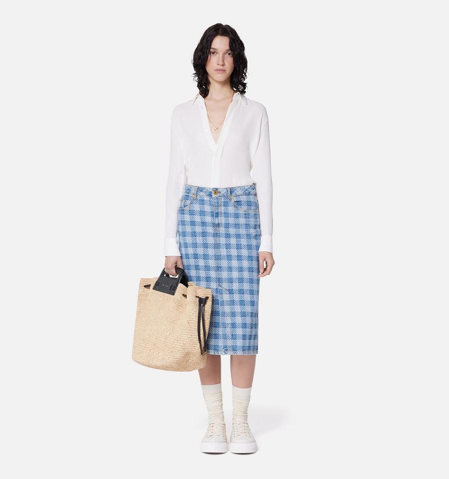 Ami Paris Gingham Pattern Jacquard Pencil Women's Skirts Blue | ami-NZ246