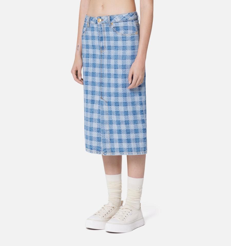 Ami Paris Gingham Pattern Jacquard Pencil Women's Skirts Blue | ami-NZ246