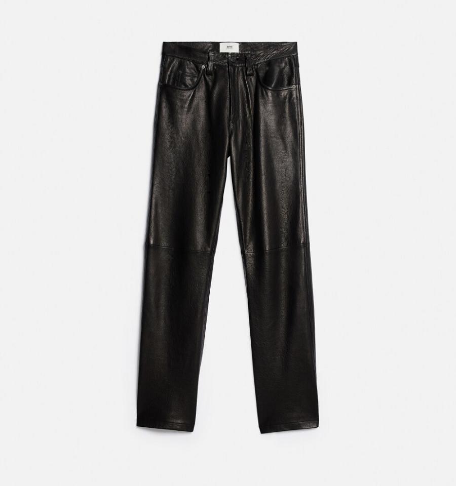 Ami Paris Leather Straight Fit Men's Pants Black | ami-NZ210