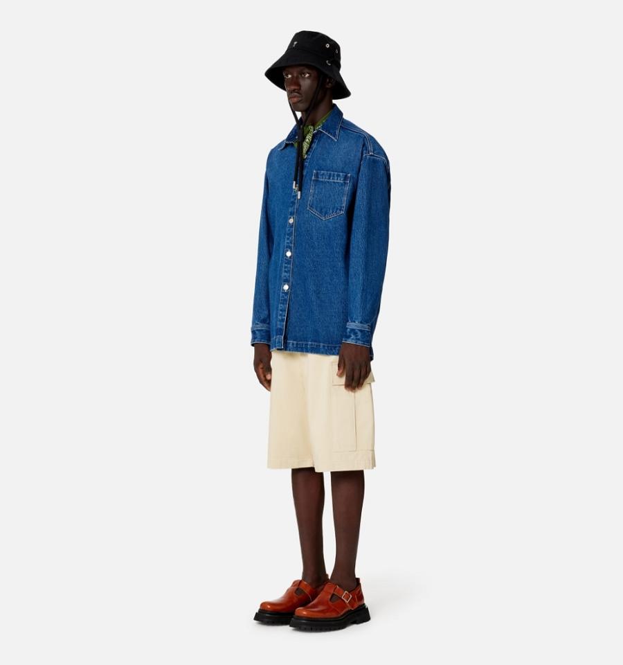 Ami Paris Overshirt With Print Men's Denim Blue | ami-NZ518