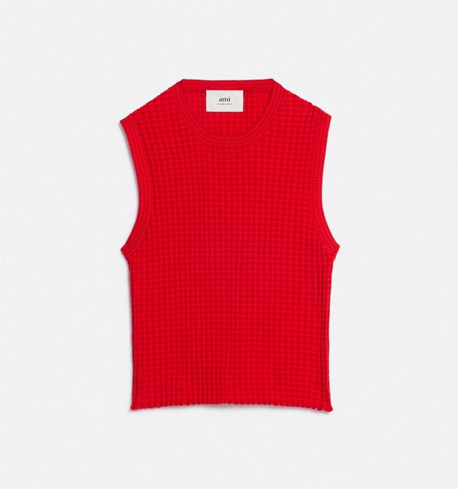 Ami Paris Pleated Sleeveless Women\'s Sweaters Red | ami-NZ191