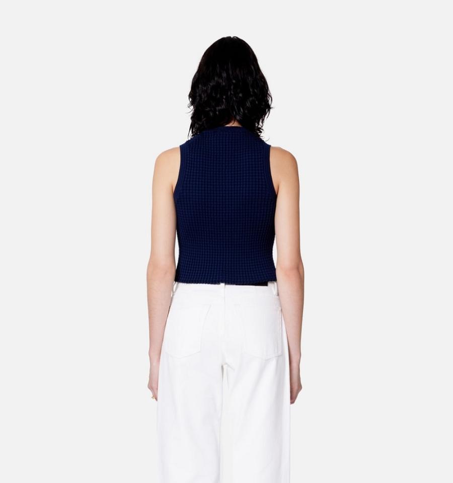 Ami Paris Pleated Sleeveless Women's Sweaters Navy | ami-NZ234