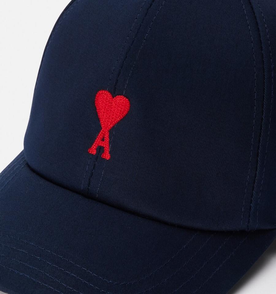 Ami Paris Red Ami de Coeur Embroidery Caps Navy | ami-NZ136