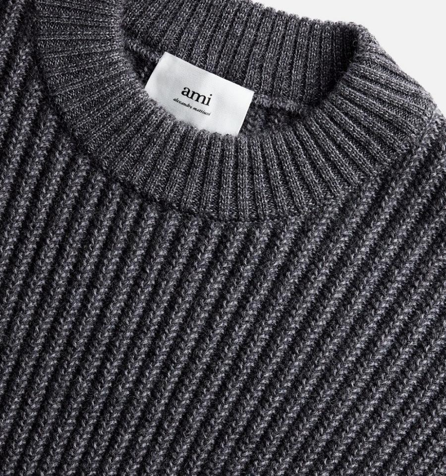 Ami Paris Round Collar Ribbed Men's Sweaters Grey | ami-NZ130