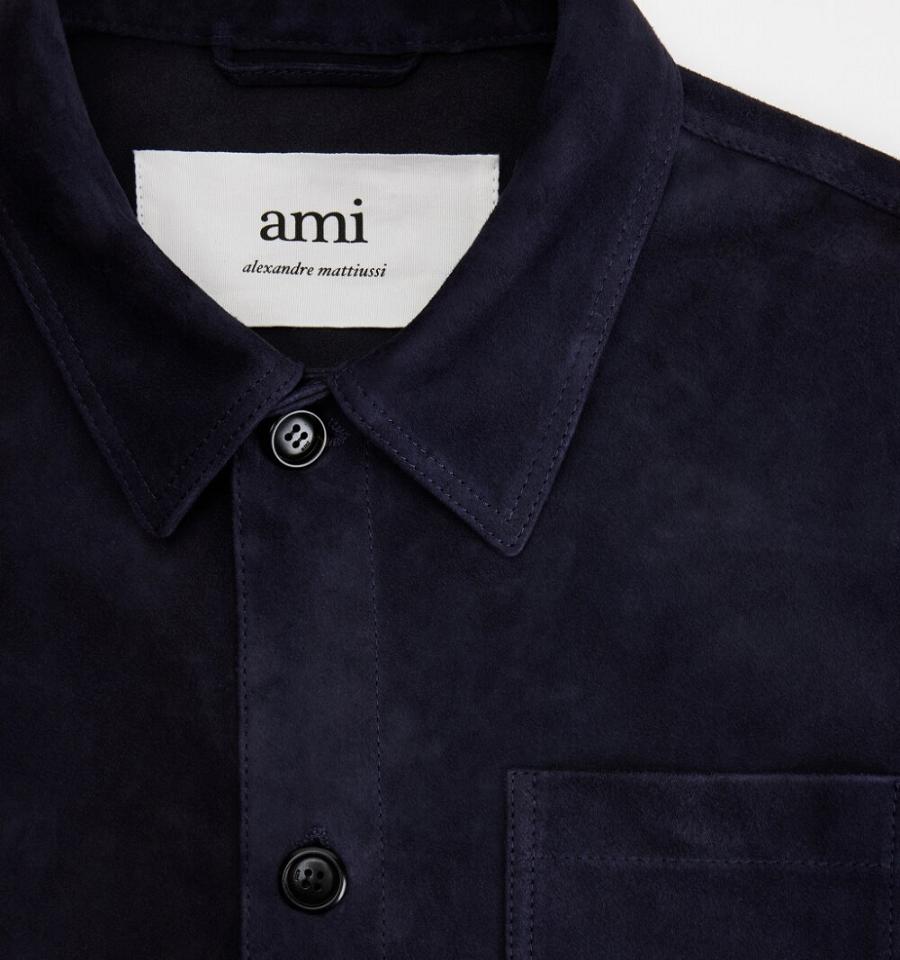 Ami Paris Suede Leather Buttoned Men's Jackets Navy | ami-NZ415