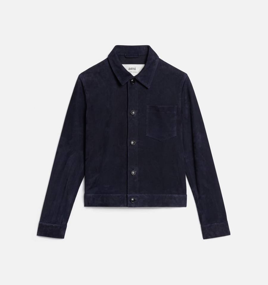 Ami Paris Suede Leather Buttoned Men's Jackets Navy | ami-NZ415