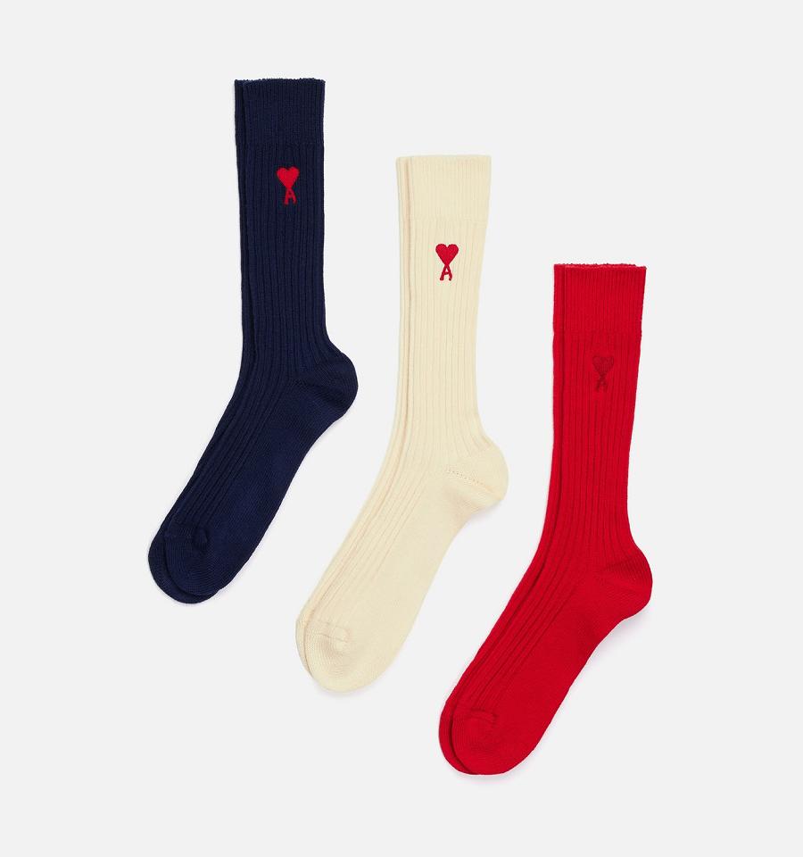 Ami Paris Three Pack Ami de Coeur Socks Navy / Beige / Red | ami-NZ145