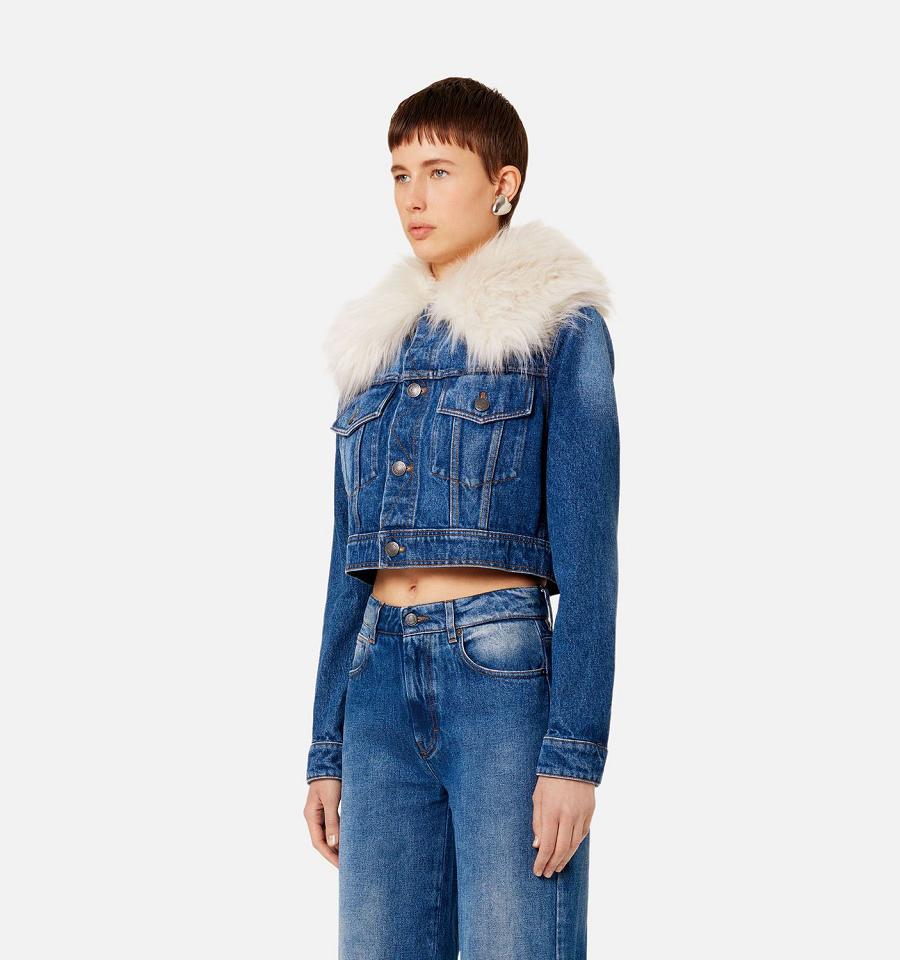 Ami Paris With Synthetic Fur Collar Women's Denim Blue | ami-NZ491