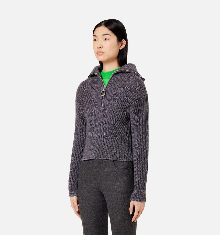 Ami Paris Zip Collar Ribbed Jumper Women's Sweaters Grey | ami-NZ560