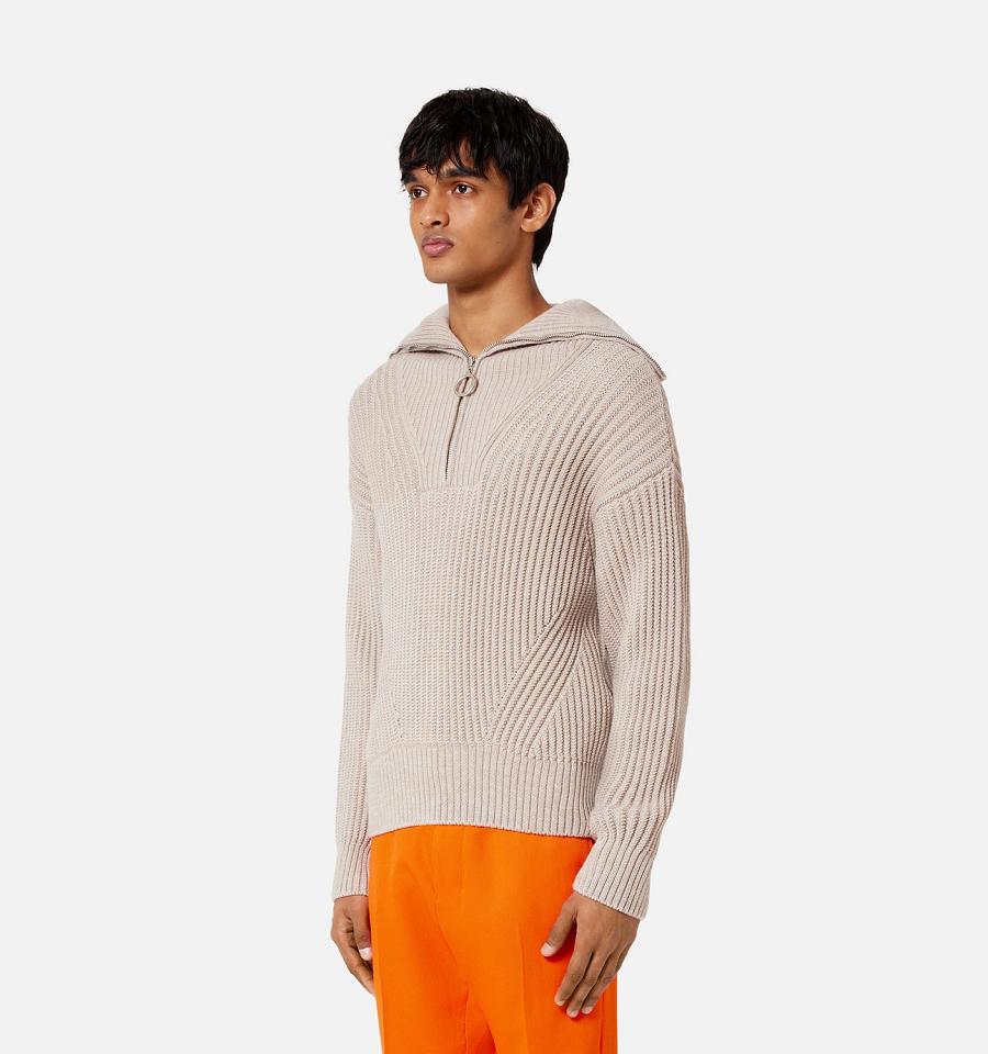 Ami Paris Zipped Collar Ribbed Jumper Men's Sweaters Beige | ami-NZ469