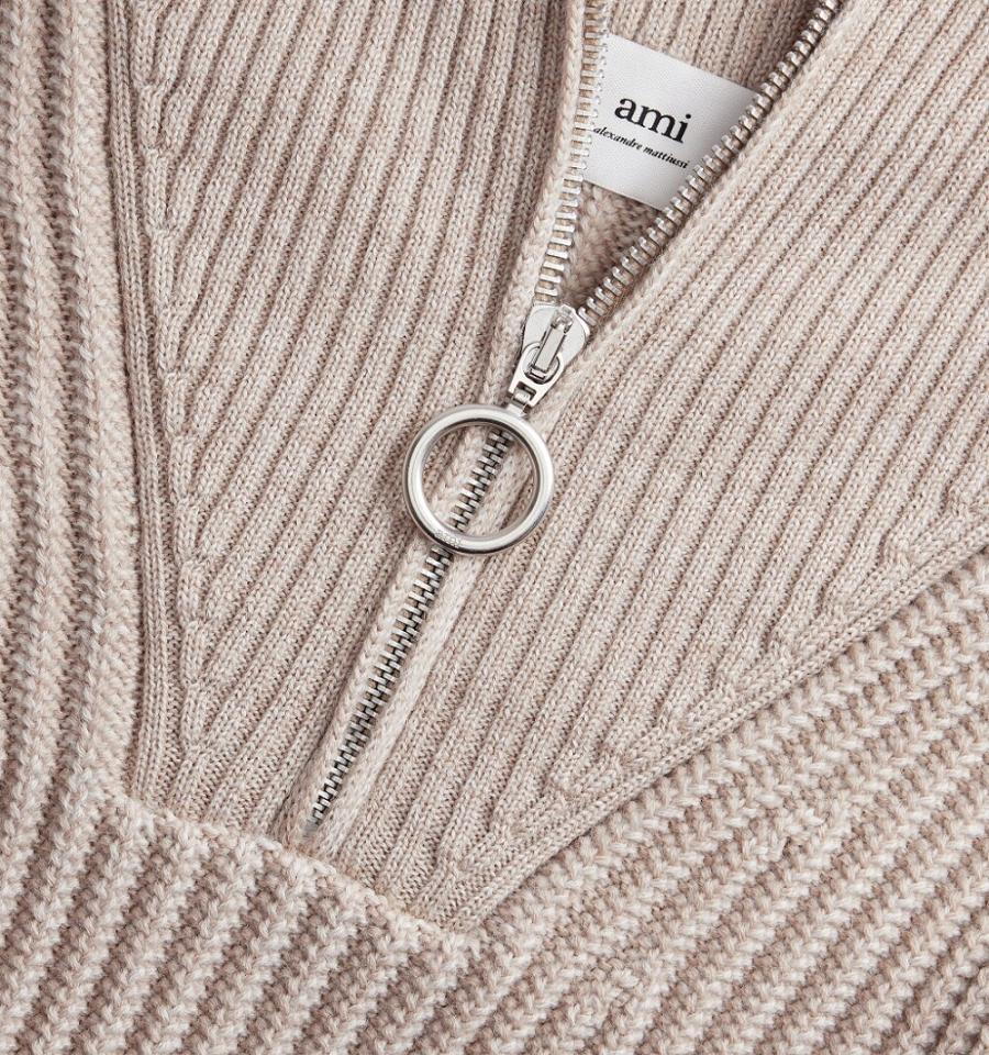 Ami Paris Zipped Collar Ribbed Jumper Men's Sweaters Beige | ami-NZ469