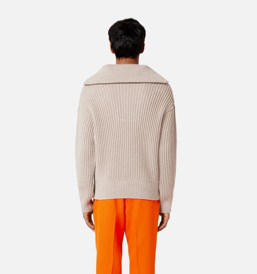 Ami Paris Zipped Collar Ribbed Jumper Men's Sweaters Beige | ami-NZ469