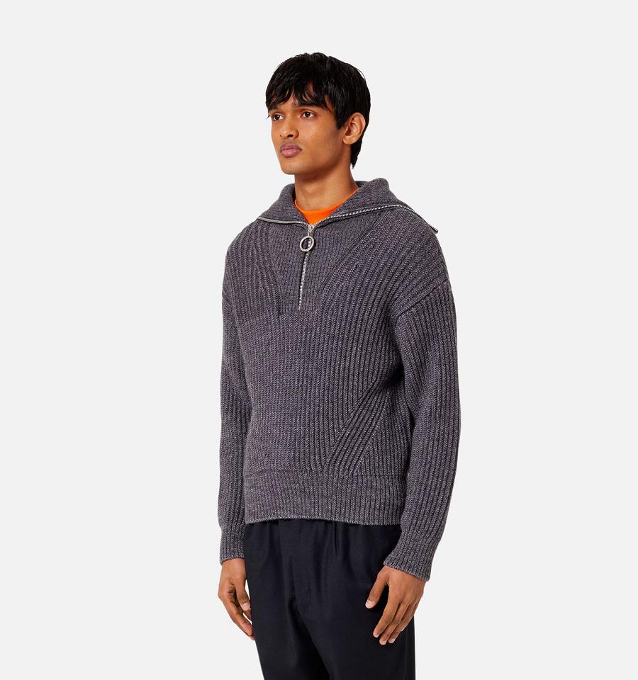 Ami Paris Zipped Collar Ribbed Jumper Men's Sweaters Grey | ami-NZ599