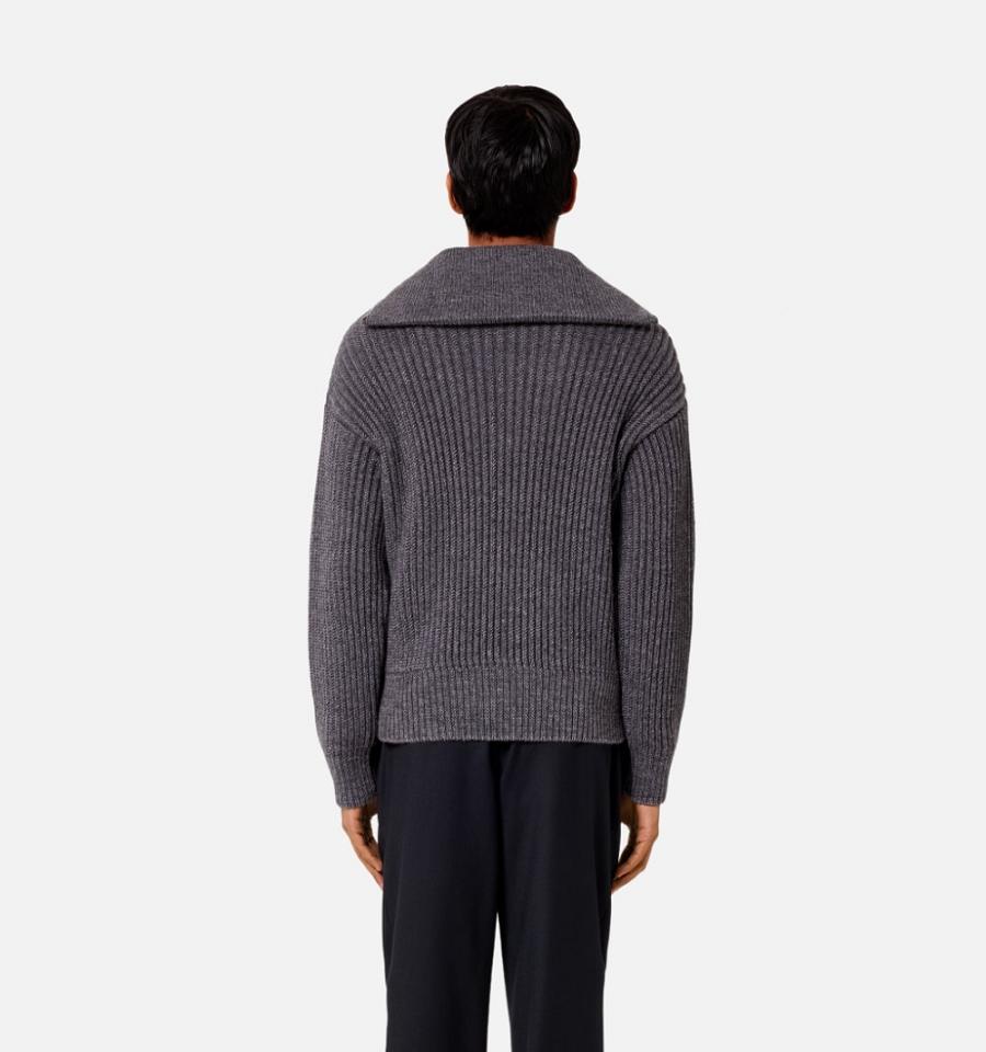 Ami Paris Zipped Collar Ribbed Jumper Men's Sweaters Grey | ami-NZ599